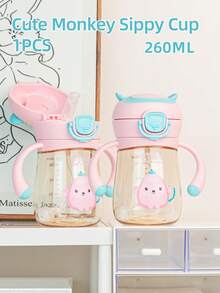 1pc 260ml Cartoon Straw Cup For Kids, Cute Baby Sippy Cup, 360° Drinking, Leak-Proof & Drop-Resistant With Scale And Handle, Suitable For Daily Use - Cute Monkey Pink - View 4