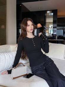 Women's Sexy Design Button Half-Open Collar Long Sleeve T-Shirt, Spring/Autumn Korean Style Fitted Base Layer Top - Black - View 6