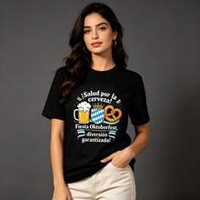 Holiday Themed Printed Ladies Crew Neck Shirt, Spanish Cheers Quote, Vivid Emblem Artwork, Versatile Short Sleeve For Themed Hangouts - Black - View 2