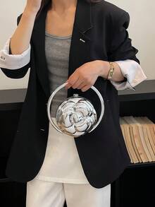 女士圓形硬殼晚宴手拿包，壓花花卉圖案，奢華新穎風格，適合舞會、婚禮、宴會，四季通用女士手提包 - 銀色 - 查看 3