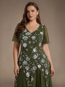 Plus Size Luxury Women's Rose Pattern Sequin Formal Evening Gown, V-Neck Olive Green Formal Mother Of The Bride Dress, Short Sleeve, Suitable For Evening Party - Olive Green - View 8