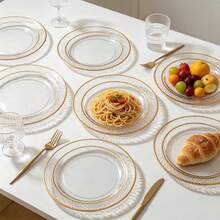 50/25/10 Pack 10.25" & 7.5" Clear Hammered Double Gold Rim Round Dinner Plates, Appetizer Dessert Serving Trays, Wedding Party Catering Dinnerware, Halloween Thanksgiving Friendsgiving Fall, Large Capacity Set For Host Guest Entertaining - View 4