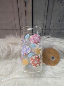 Colorful Pumpkin Bow Maple Leaf Can-Shaped Glass Straw Cup, Bamboo Sealed Lid With Glass Straw, Ins Home Cold Drink Coffee Large Capacity Water Cup - Multicolor - View 5