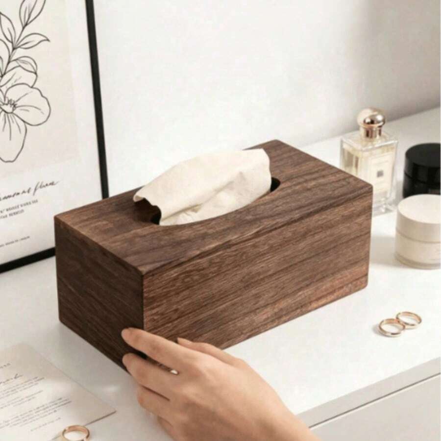 1pc Minimalist Nordic Style Rectangular Flip Lid Walnut Wood Napkin Holder, Natural Wood Grain Solid Color Long Square Tissue Box, Living Room Tissue Storage Box, Smooth Tissue Slot, Vanity Tissue Holder, Home Daily Use, Housewarming Gift, Christmas Gift, All Season - Coffee Brown - View 1