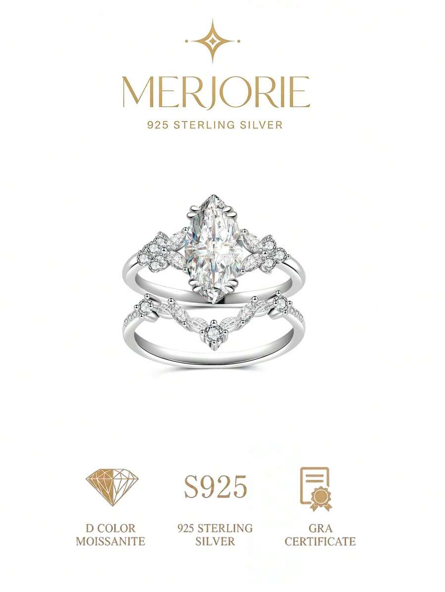 S925 Engagement Ring Set, Double-Ring Set For Women's Wedding Rings, Wedding Ring Jewelry For Love Anniversary Gift For Brides - Silver - View 1