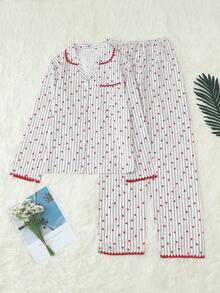 Women's Striped Heart Print Long Sleeve Long Pants Bubble Crinkle Pajama Set - Red - View 1