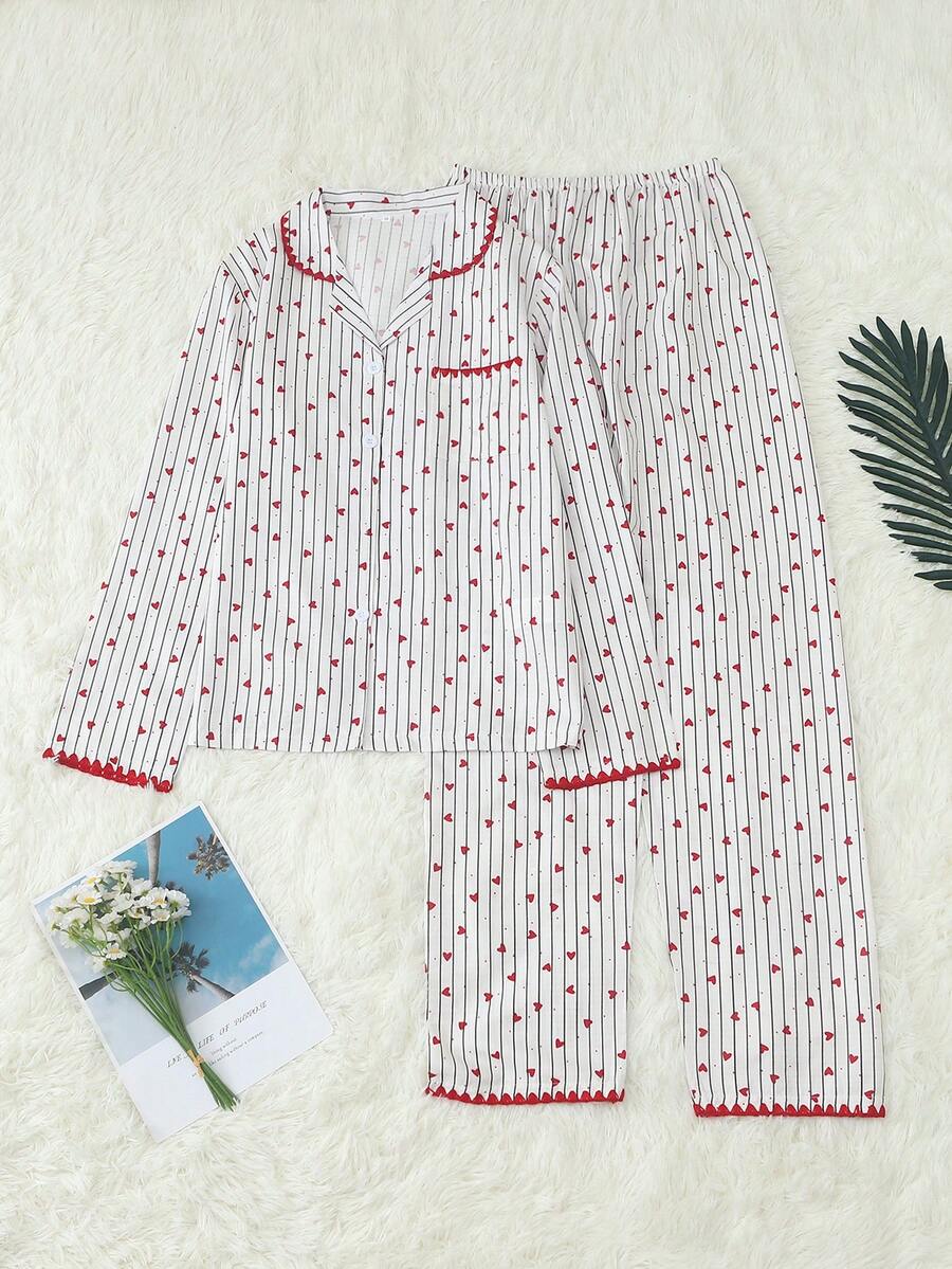 Women's Striped Heart Print Long Sleeve Long Pants Bubble Crinkle Pajama Set - Red - View 1