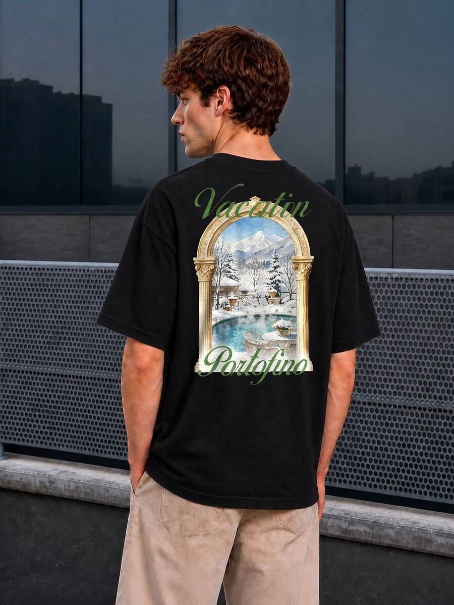 Men's T-Shirt Black And White Vacation Portofino Scenic Arch Graphic Tee For Travel, Resort Wear, Casual Outings, And Weekend Plans