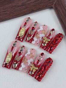 10pcs High-End Luxurious Retro Style, Hand-Painted Three-Dimensional Bow, Butterfly, Dazzling Rhinestones Handmade Fake Nails - Red - View 5