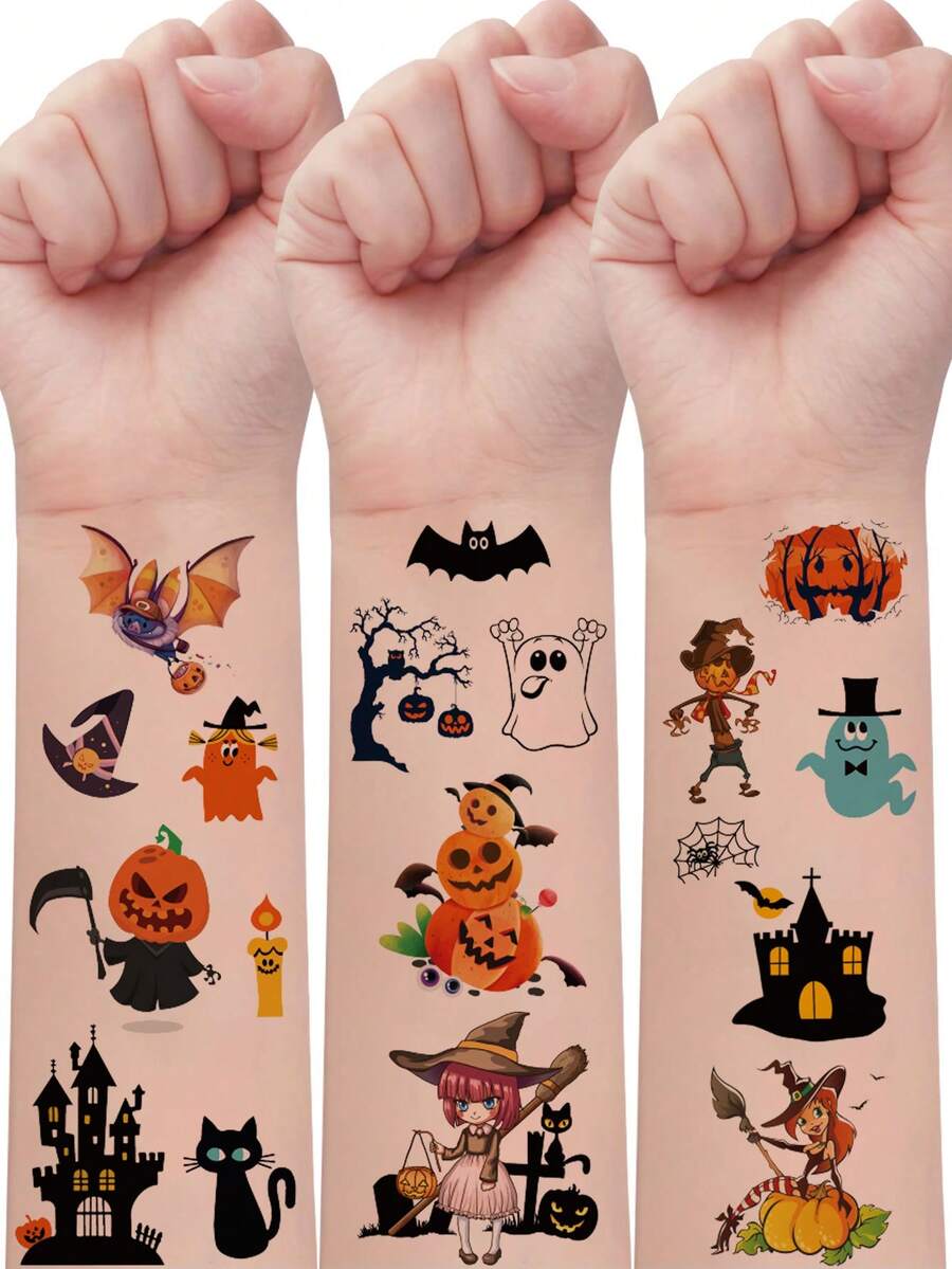 10 Sheets, Of 130pcs Halloween Series Element Pattern Temporary Tattoo Stickers, Cartoon Ghost Zombie Witch Black Cat Pumpkin Patterns, Waterproof And For 2-5 Days, Suitable As Halloween Party Gifts - Multicolor - View 1