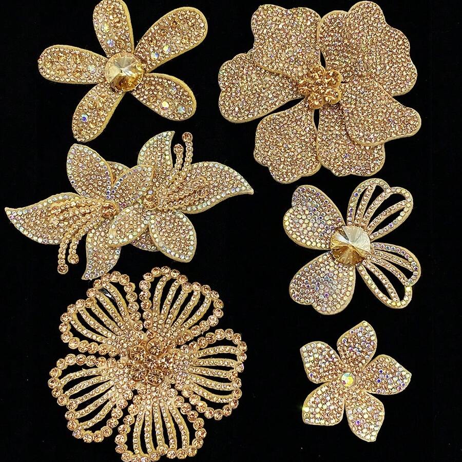 6pcs/Set AB Color Rhinestone Flower DIY Handmade Sewing Decoration Accessories For Clothing, Shoes, Bags, Hair Accessories, 3D Applique - AB Color - View 1