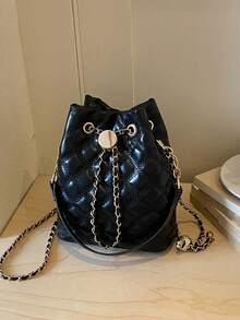 Nicekee Diamond Patterned Drawstring Bucket Handbag With Thin Chain And Metal Accessories, Suitable For Daily Outings, Dates, Gatherings And Commuting - Black - View 9