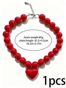 1pc Red Round Bead Heart Pendant Necklace, Gothic Exaggerated Women's French Minimalist Design Collarbone Chain, Daily Dopamine Candy Color - Red - View 7