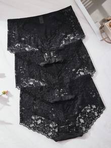 3PCS Plus Size Lace Sexy Panties Women's Underwear - Black - View 5