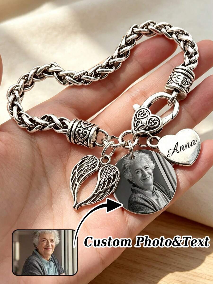 1pc Customized Photo Memorial Bracelet, Personalized Photo Bracelet, Memorial Gift For Loved Ones, Condolence Gift, Adjustable Bracelet, Photo Style Condolence Gift, Angel Wings Memorial Jewelry - Silver - View 1