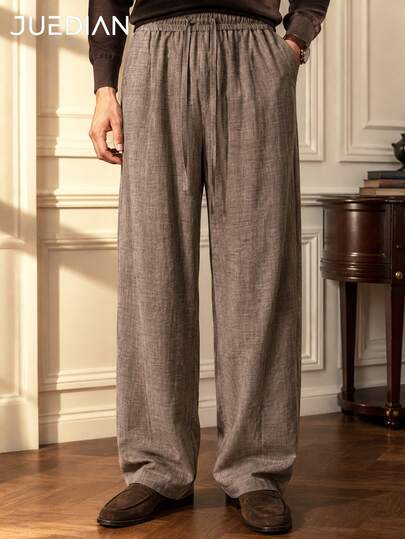 1pc Brown Faux Linen Texture Curved Leg Wide Leg Men's Long Pants, Men's Curved Leg Wide Leg Pants, Draped Loose Fit, Breathable Lightweight Fabric, Drawstring Elastic Waist, Old Money Style, Machine Washable, Lazy Relaxed Casual Long Pants
