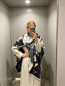 1件裝抽象塗鴉印花仿羊絨圍巾，保暖流蘇大披肩圍巾，女款多功能戶外旅行毯巾 - 黑色 - 查看 3