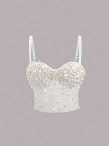 2026 Summer New Pearl Rhinestone Strapless Bustier Corset Top, Slimming Fitted Fishbone Bodice, Sparkling Holiday Outfit Fashion Tank Top For Women - White - View 5