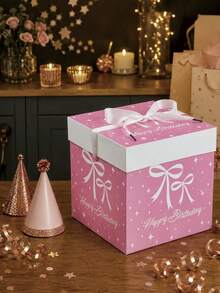 1Pc Pink Bow Knot Birthday Gift Box With Lid & Ribbon, 22*22*22cm Square Party Favor Box For Girls Birthday Gift Wrapping Decor - Ribbon Bow Gift Box With Lid (Includes Ribbon) - View 11