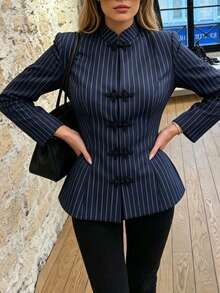 Daily Striped Stand Collar Frog Button Waist-Cinching Fishtail Commuter Short Jacket - Navy Blue - View 3