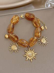 Caramel Color Flower Asymmetric Stone Chain Necklace Set For Women Sun Pendant Stainless Steel Chain For Party Birthday Autumn Winter Jewelry Gift - Multicolor - View 10