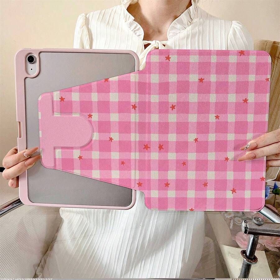 1pc Cute Pink Plaid Orange Star Print 360° Rotatable Tablet Protective Case, Compatible With IPad 10th Gen 10.9 Inch 2022 Smart Case/Air 13(M3 2025)/Air 11(M3 2025)/11(A16 2025), Compatible With OPPO Pad, Compatible With Huawei MatePad, Compatible With Vivo Pad, Compatible With Honor Pad, Compatible With Xiaoxin Pad