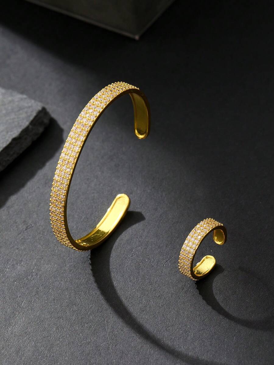 1 Set 2pcs Fashion Full Rhinestone Zirconia Open Ring & Bracelet Jewelry Set For Women Daily Wear Festival Party Wedding - Full-stone - View 1