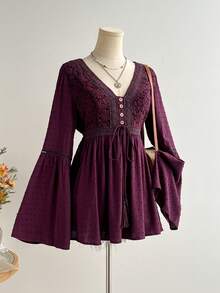Rusttydustty Women's Bohemian Style Lace Patchwork Bell Sleeve Waist Tie Top In Plum, Suitable For Autumn, Halloween - Purple - View 2