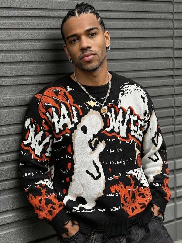 ANDREILEE Men's Halloween Sweater, Fashion Casual Versatile Dinosaur Graphic Letter Distressed Fringe Crew Neck Long Sleeve Loose Ribbed Pullover Autumn/Winter Outerwear