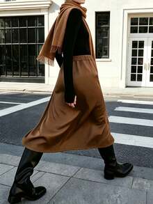Caramel Brown Elastic Waist Draped Straight Long Skirt, Autumn/Winter Commute Slimming Versatile High Waist Skirt - Mocha Brown - View 3