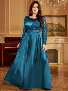 Sequin Lace Colorblock Satin Ruffle Hem Elegant Ball Gown, Formal Dress For Prom, Valentine's Day, Wedding Guest, Birthday, Homecoming, Formal Occasion, Holiday - Dusty Blue - View 5
