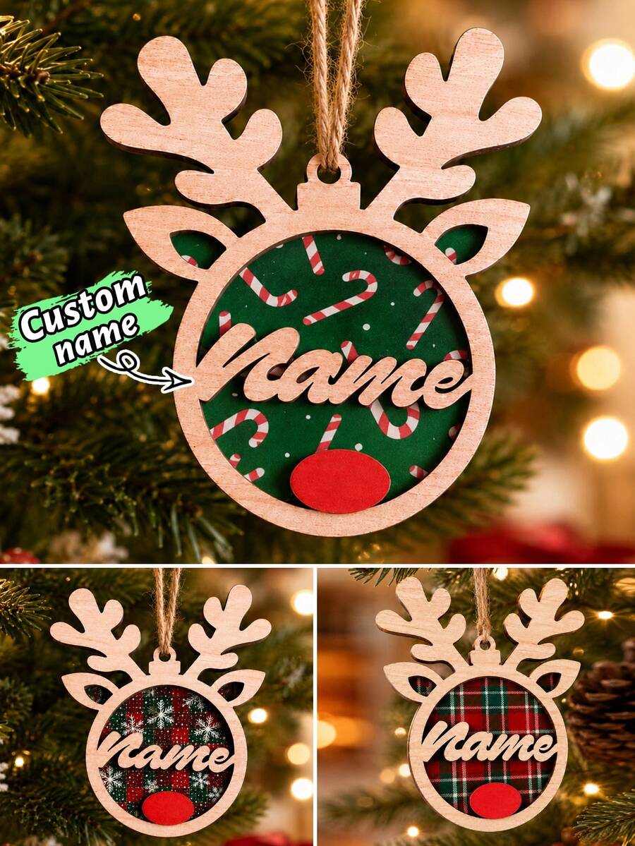 Custom Reindeer Name Christmas Ornament, Personalized Party Decor, Festive Antler Style, Checkered Decor, Customized Christmas Tree Decoration, Customizable Name Tag, Home Holiday Decor, Unique Christmas Gift 2026, Room Decor, Family And Friends - Red - View 1