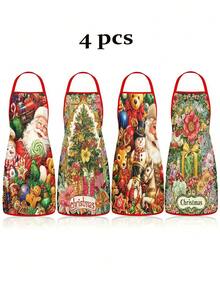 2/4pcs Christmas Apron With Christmas Tree And Santa Claus Pattern. Suitable For Kitchen Cooking, Festivals And Parties. It's Also A Great New Year Gift To Give To Friends. - Multicolor - View 6