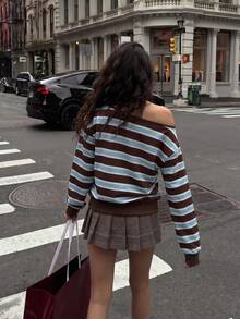 Sweatshirt Wanita Lengan Panjang Kasual Musim Gugur/Dingin 2026 dengan Motif Garis dan Blok Warna Serbaguna - Coklat - View 8