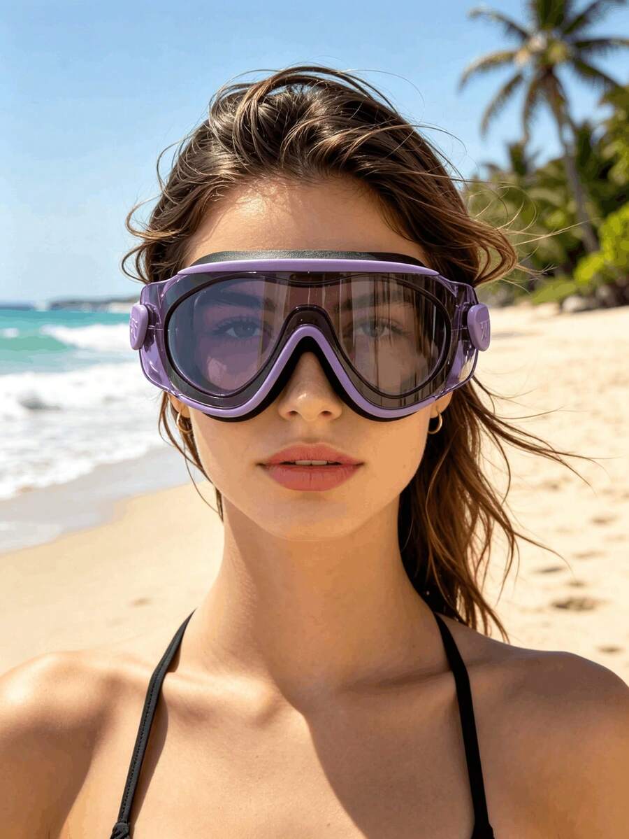 361degree 1pc 361° Large Frame Wide View HD Anti-Fog Waterproof Leakproof Swim Goggles For Women Men Adult, With Portable Storage Case, Pool Beach Swimming Gear - Grey-purple - View 1