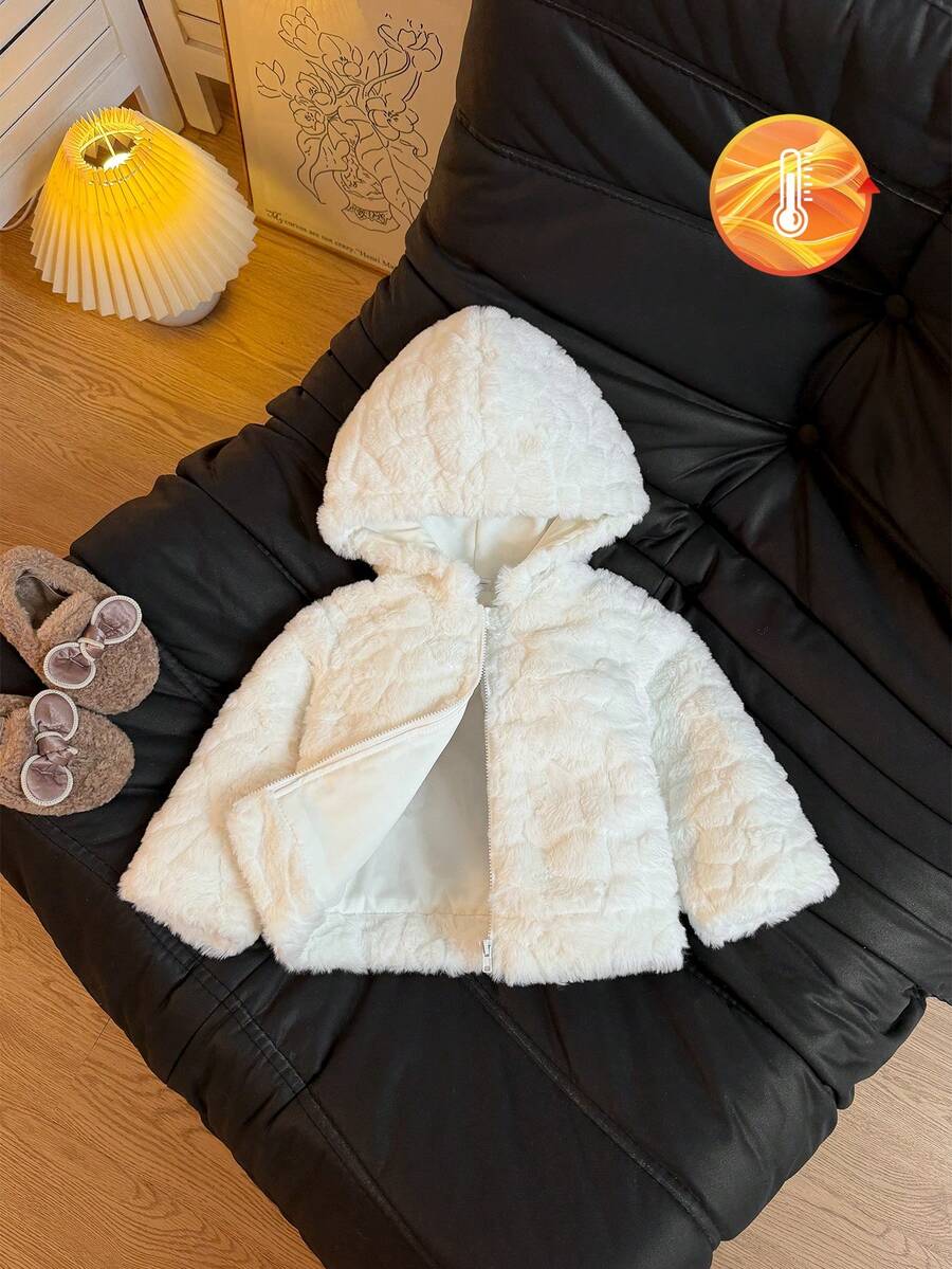 Baby Girl Plush Hooded Jacket, All-Over Embossed Texture, Zipper Front Design, Loose Fit, Warm And Skin-Friendly, Pure White Minimalist Style, Suitable For Autumn/Winter Outings And Daily Wear - White - View 1