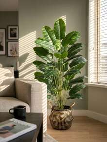 1pc Large Artificial Banana Tree, Faux Tropical Plant With Plastic Leaves, Tropical Begonia Leaves, Realistic Touch Palm Branch, Artificial Greenery For Home, Office, Garden Decoration, Pot Not Included - Green - View 2