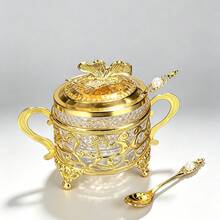Gold Hollow Heart-Shaped Filigree Sugar Jar Set With Ginkgo Lid And Pearl Decorated Spoon, Detachable Transparent Glass Sugar Jar, Dual Handle Design, European Luxury Coffee Tea Sugar Jar, Suitable For Kitchen Countertop And Afternoon Tea Table Decoration - Gold - View 7