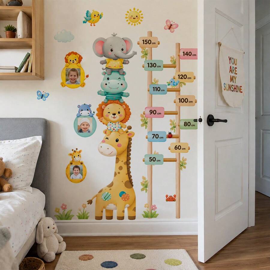 Large Photo Frame Height Measurement Wall Decal Cute Animal Growth Chart Wall Sticker, Height Ruler Decal With Photo Frame Design, Cartoon Jungle Wall Decor For Home Room Decoration - Wall Stickers - View 1
