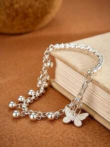 1pc Vintage Butterfly Bell Pendant Bracelet, Twisted Rope Chain Ball Tassel Style, Adjustable Fashion Women's Jewelry, Suitable For Daily Wear, Dating And Party - Silver - View 1