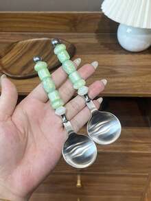 1件/2件 304不鏽鋼創意甜美風珠飾湯匙，下午茶甜點匙、水果叉，適用於餐廳、居家、派對、聚會 - 綠色 - 查看 16