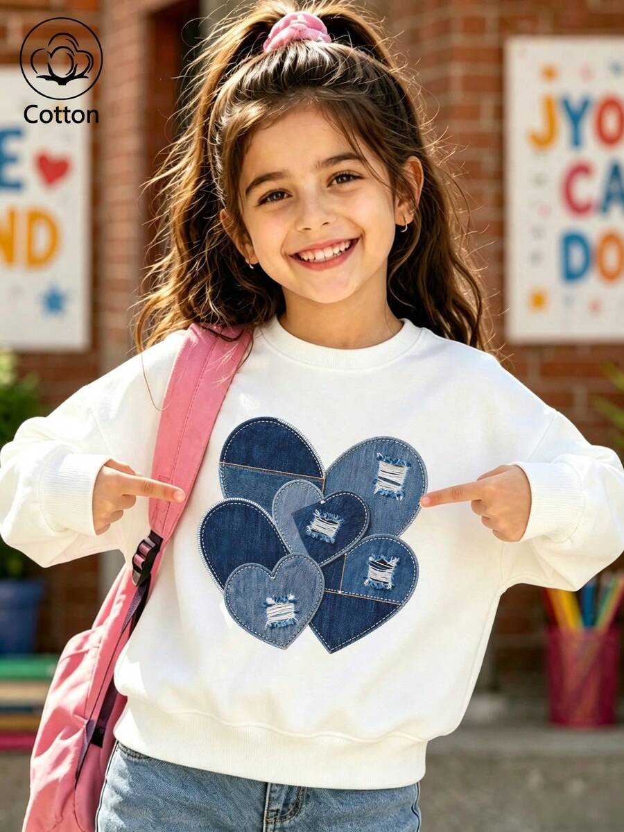 Girls' Cotton Top, Printed, Comfortable, Relaxed-Fit Dropped-Shoulder Sweatshirt, Round-Neck Oversized Sweatshirt - White - View 1