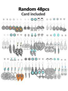 TopHanqi 12 Pairs Random + 24 Pairs Random + 36 Pairs Random + 48 Pairs Random Random Multiple Pairs Earrings Set, Bohemian Turquoise Feather Water Drop Mixed Studs And Hooks With Card Earring Combination - Multicolor - View 14
