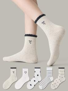 ZUJO 5 Pairs Gray And White Women's Mid-Calf Socks, Bow, Polka Dot, Stripe, Heart Pattern Short Socks, Simple And Comfortable, Suitable For Spring, Autumn, Winter Wear, Random Color Shipment - Multicolor - View 2