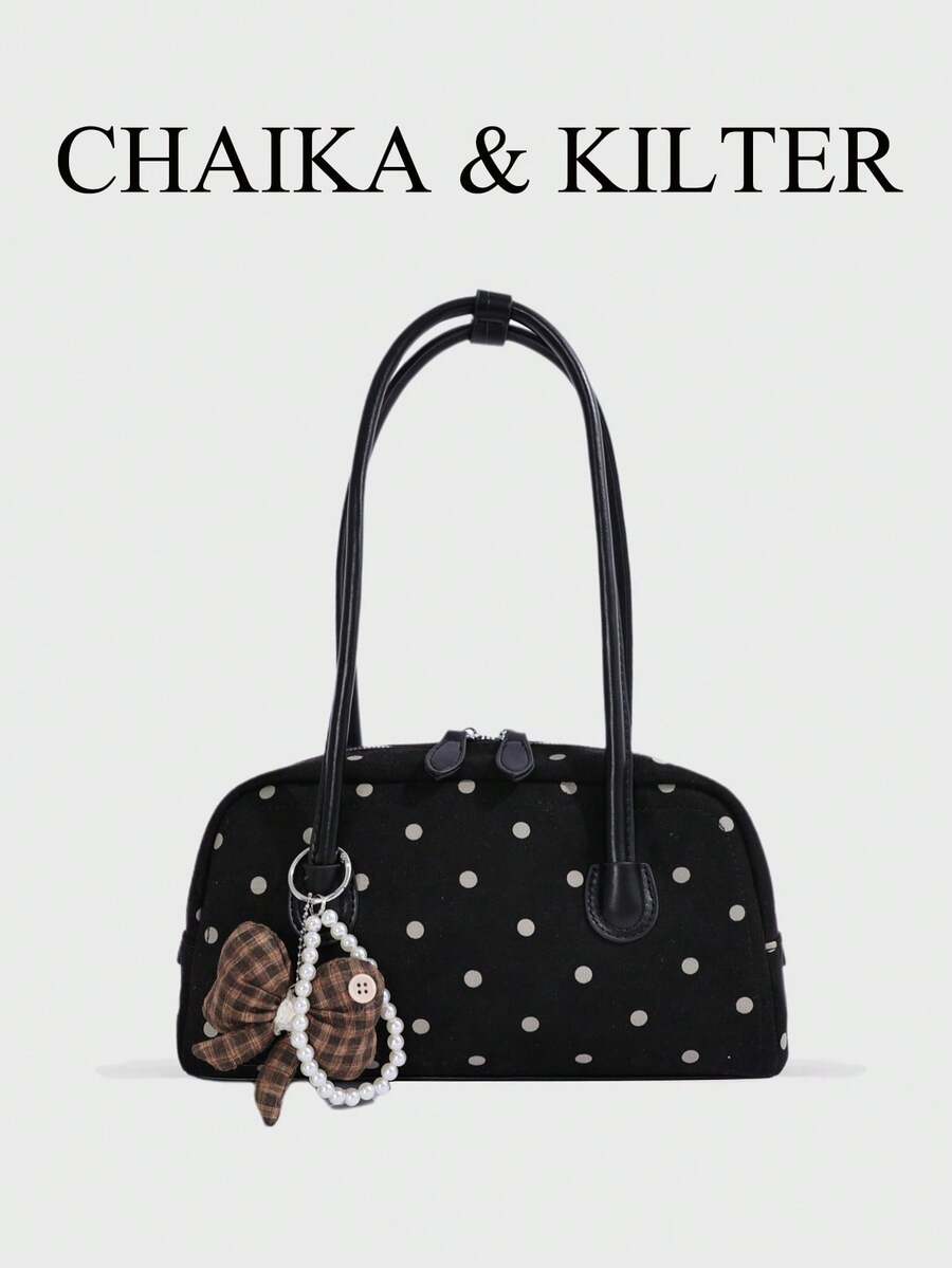 CHAIKA & KILTER 1件裝 女款復古時尚磨砂保齡球包，對比色麂皮布料，滿版波點圖案，對比色絎縫縫線，雙手柄設計，拉鍊開合，適合日常與街頭使用（附吊飾）