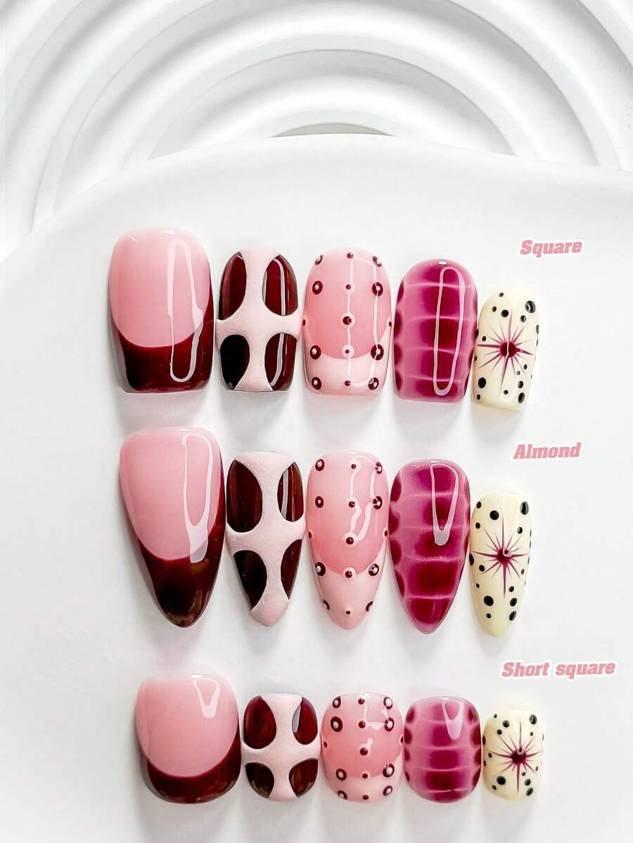 10pcs Sweet Cool Style Contrast Color Handmade Press-On Nails, Polka Dot Red Nail Polish, Soft Gradient Atmosphere, Includes Nail Tools, 3 Sizes Available, Square/Short Square/Almond Shape, Suitable For Party, Dancing, Daily Wear - Multicolor - View 1