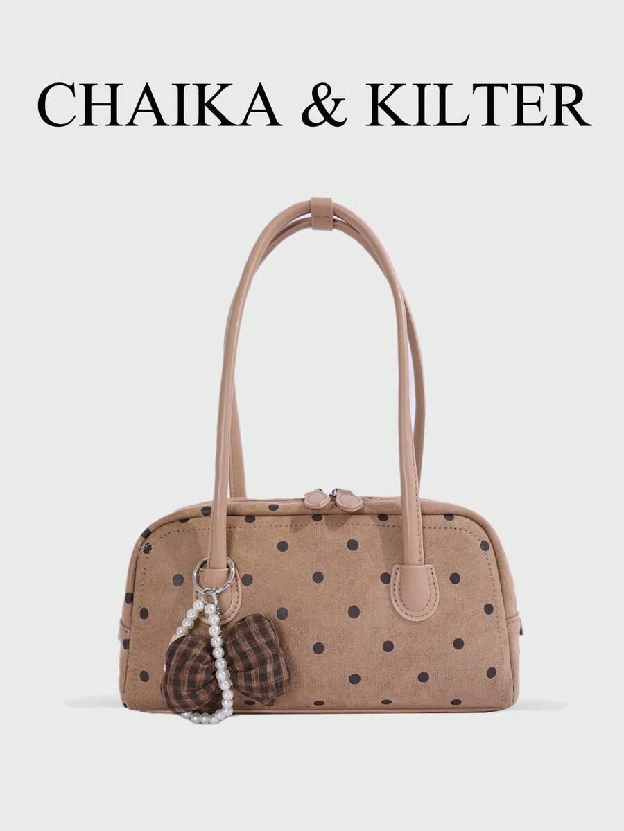 CHAIKA & KILTER 1件女款拼色麂皮布料單肩包，復古時尚啞光保齡球包，滿版波點圖案，拼色絎縫縫線，雙手柄設計，拉鍊開合，適合日常與街頭穿搭（附吊飾）