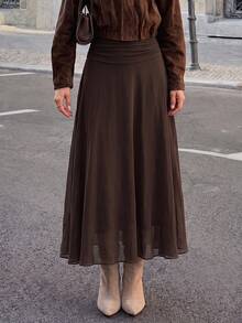 Yepolly-Pop Women's Spring/Summer High-Waist Ruched A-Line Long Skirt, Flowy Olive Green, Parisian Street Style, Elegant Back-To-School Outfit - Chocolate Brown - View 5