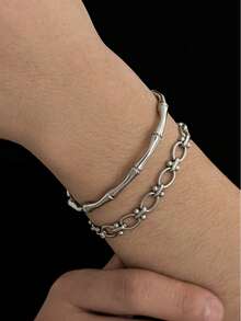 2pcs Men's Bracelet Set, Silver Stainless Steel, Waterproof Anti-Fading Hypoallergenic Bamboo Joint Chain Double Layer Bracelet, Personalized Bracelet Suitable For Daily Street Wear - Silver - View 4