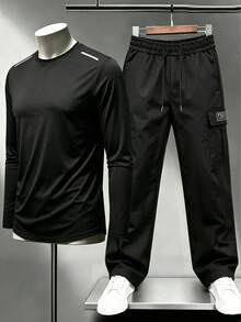 Men's Fashion Minimalist Long Sleeve T-Shirt & Cargo Wide Leg Pants 2-Piece Casual Set - Black - View 1